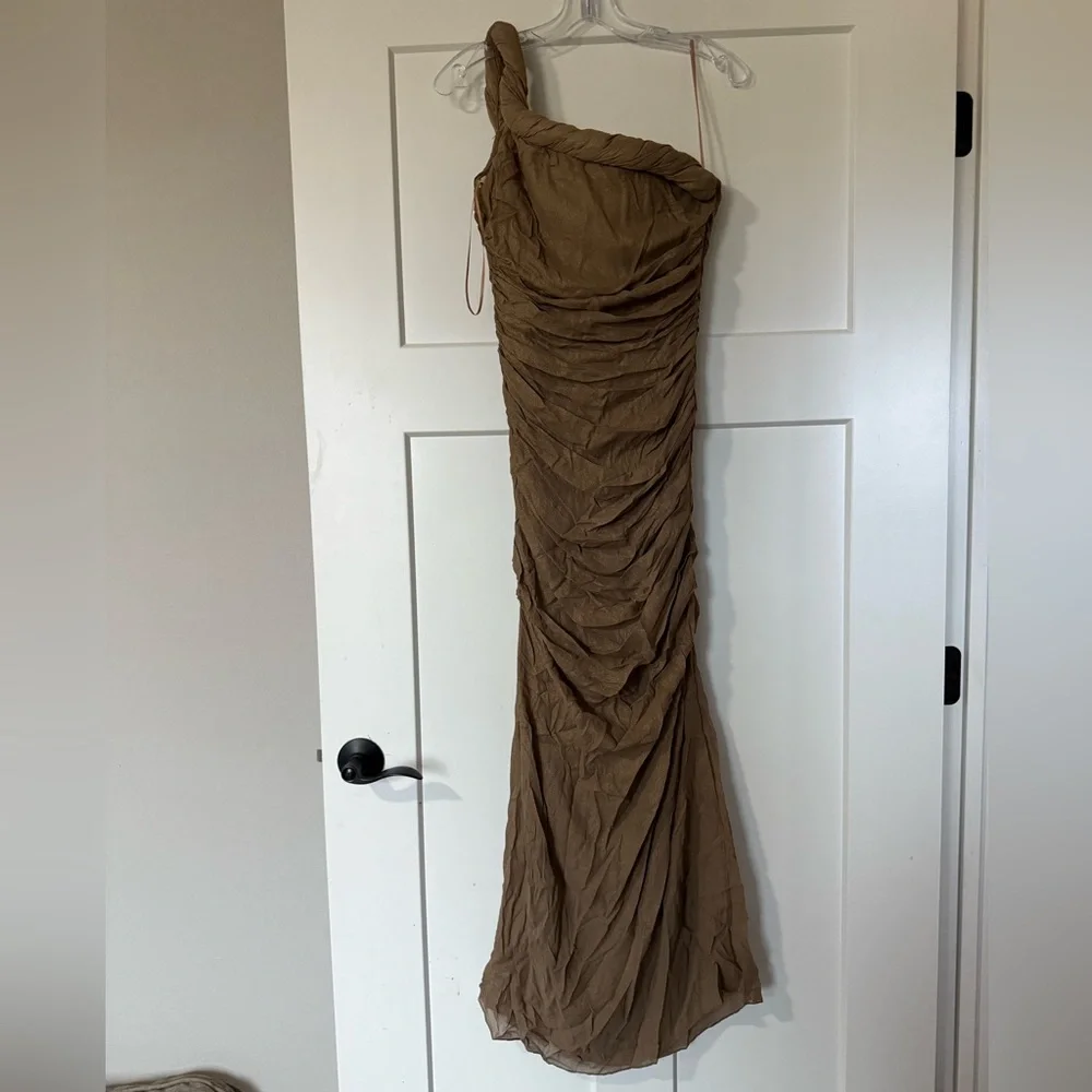 Cult Gaia Jess Dress | Metallic Satin | One Shoulder | Size 0 | NWT Gold Silk